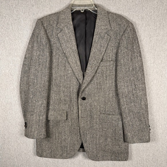 Harris Tweed Blazer Mens Black Gray Herringbone 42 Sport Coat Suit Jacket Wool